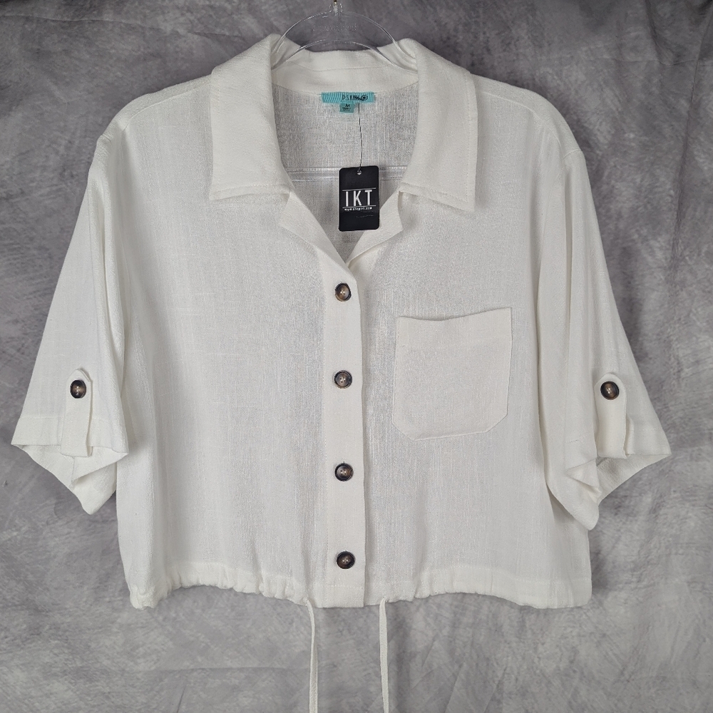 IKT Maggie Size Medium White 30% Linen Cropped Blouse With Drawstring Waist